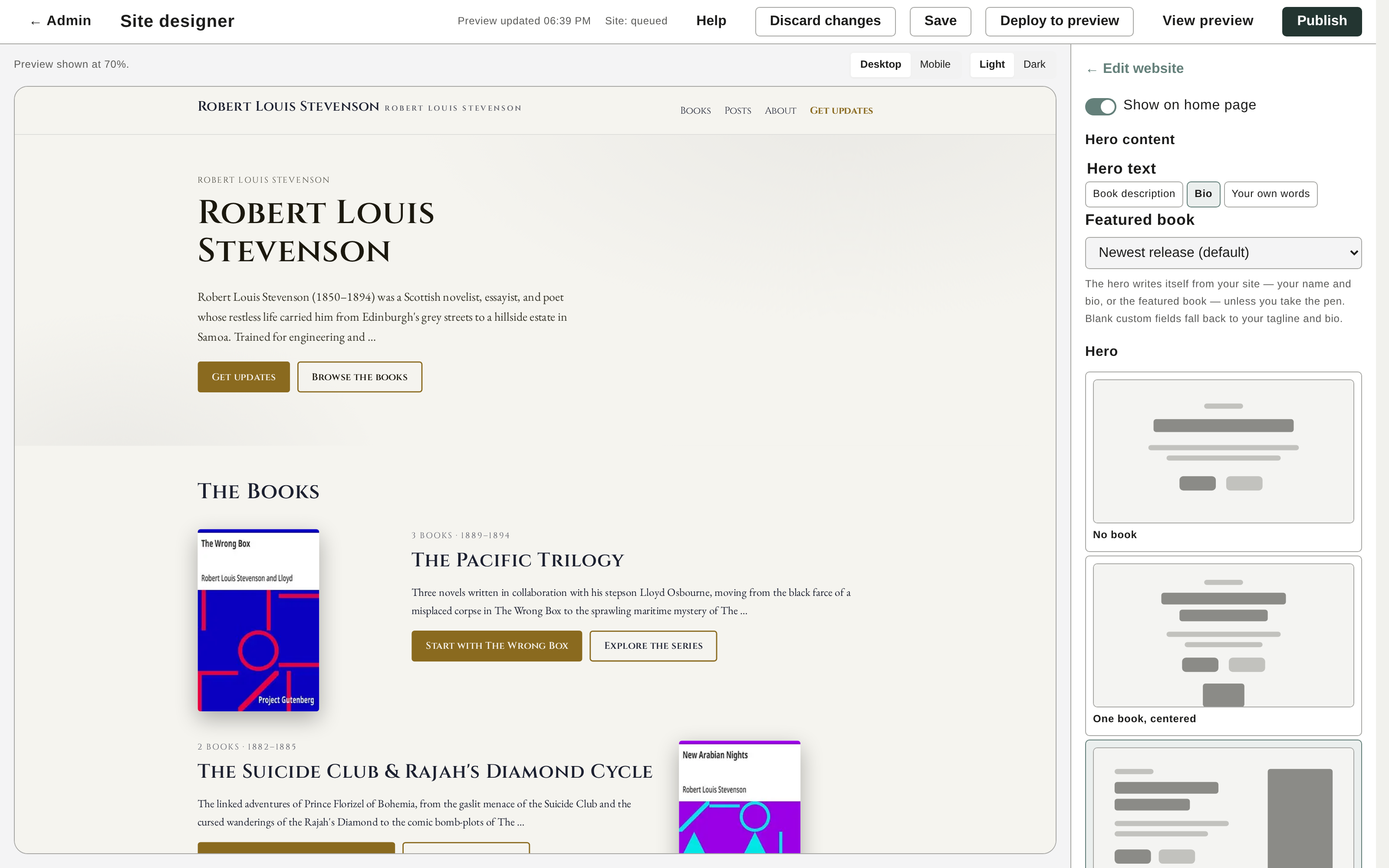The Skribachi site designer — editing an author website with a live preview